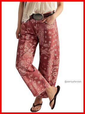 Floral Print Wide Leg Barrel Jeans Mid Rise Zip Front Ankle Denim Pants